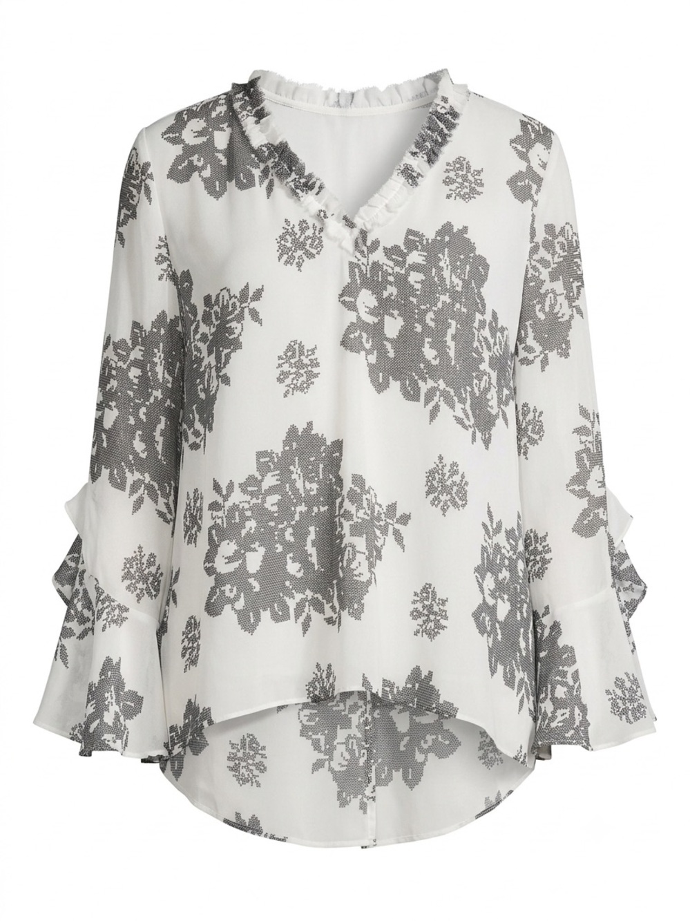 Kobi Halperin Ruffle Fringe V-Neck Chiffon Blouse - White & Gray